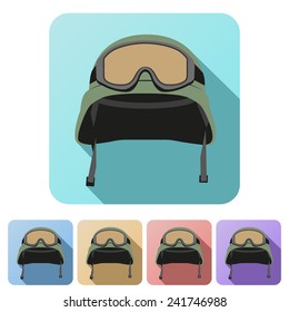 Set Flat icons of green military helmet with goggles. Vector Illustration