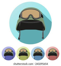Set Flat icons of green military helmet with goggles. Vector Illustration