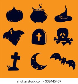 Set of flat icons with halloween symbols. Vector illustration. Halloween design elements. Pumpkin, cauldron potion, witches hat, ghost, gravestone, scull and bones, grave with cross, moon, bat
