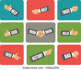 Set of flat icons is hand gestures show various symbols