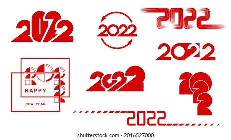Set of flat icons happy new year 2022, different shapes are used, and composition of numbers isolated on white background. Numbers 2022 in realistic, abstract and geometric styles.