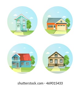 Conjunto de iconos planos de la casa con un árbol. Edificios familiares y modernos. Alquiler de la casa. Ilustración del vector