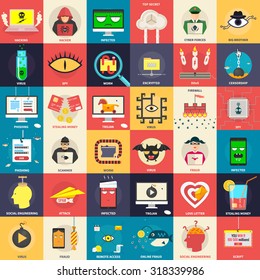 Set of flat icons, illustrations - cyber, computer security, hacker, malware, application development,  fraud on the internet. Design elements for web, mobile applications, infographics.