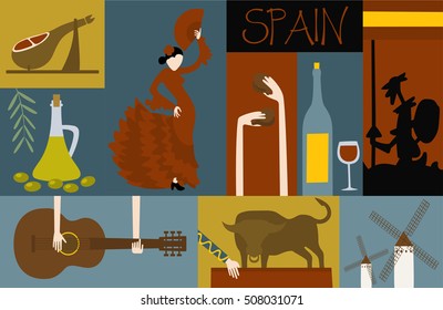 Set of flat icons and illustrations - symbols of Spain.