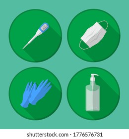 Set of flat icons isolated in green circles on a blue background: dispenser with liquid or gel, disposable mask respirator, digital thermometer, rubber gloves