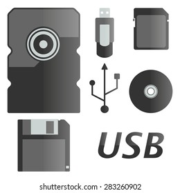 A set of flat icons isolated on white storage medium, vector illustration.