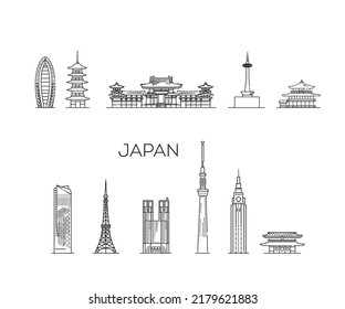Set of flat icons of Japan landmarks and culture line vector illustration