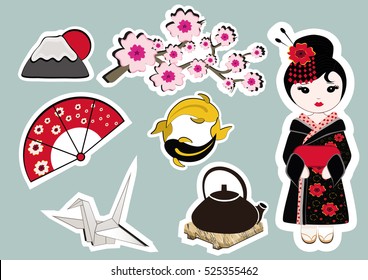 Set Of Flat Icons With Japanese Girl In A Kimono, Origami, Saruka, Fan, Teapot, And Golden Carp. Vector Illustrations