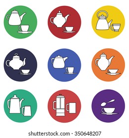 Set flat icons of kitchen utensils  teapots and cups