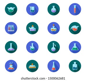 set of flat icons - laboratory flasks, measuring cup and test tubes for diagnosis, analysis, scientific experiment. Chemical lab and equipment. Isolated vector objects or signs with long shadows