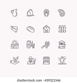 Set flat icons of linear natural products. Icons farming and eco settlement, subsistence farming.