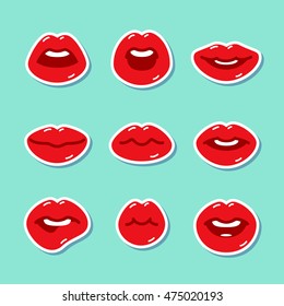 Set of flat icons with lips stickers. Flat design, vector illustration.