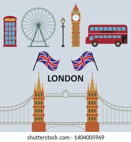 A set of flat icons for London city, Big Ben, London Eye, London Bus,Old Telephone, England Flag, and Tower Bridge