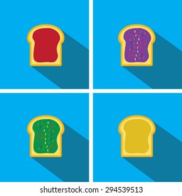 Set of flat icons with long shadow vector illustration eps10 : Bread with jam and toppings.