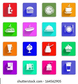  set of flat icons with long shadows: hamburger, wine, a plate, coffee grinder