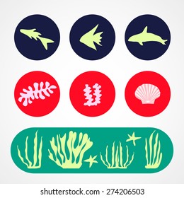 Set of flat icons marine life. Vector illustration.