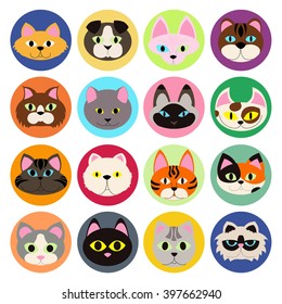 Set of flat icons with miscellaneous breeds of cats. Vector illustration.