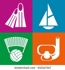 Set of flat icons in a modern style. Beach rest and fun. Four isolated pictograms on a bright background.