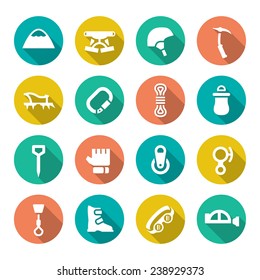 Set flat icons of mountaineering isolated on white. Vector illustration