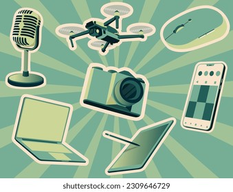 Set flat icons of multimedia and technology devices, instrument sounds, audio and video items and objects with flat vector concept of modern creative workspace green background.
