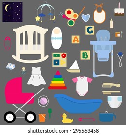 Set of flat icons of necessary stuff for newborn baby on gray background.