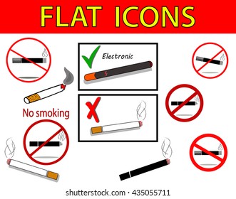 Set of flat icons. No smoking. Vector illustration. Prohibition sign. Cigarettes.