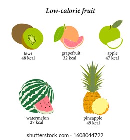 Set of flat icons of non-caloric fruits - 5 images: green apple, pineapple, grapefruit, watermelon. The names of fruits and their caloric content are signed.