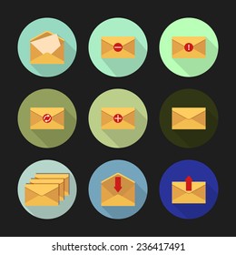 Set of flat icons on a round different color buttons with long shadows for messages. Vector illustration.