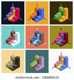 Set of flat icons on stylish background 3d chart