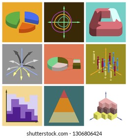 Set of flat icons on stylish background Economic graphs