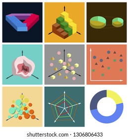 Set of flat icons on stylish background Economic graphs