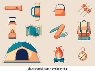 A set of flat icons on the theme of camping and survival in the wild. Vector illustration in retro colors.