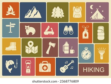 A set of flat icons on the theme of hiking and outdoor recreation