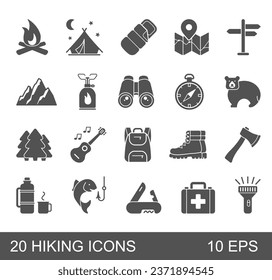 A set of flat icons on the theme of hiking and outdoor recreation