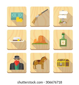 Set of flat icons on the theme of life in the old West. Cowboys. Life in the wild West. The Development Of America. Part two.