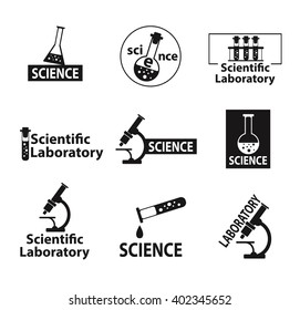 Set of flat icons on the theme of science. Vector illustration on white background. Flat style. Set of logos 