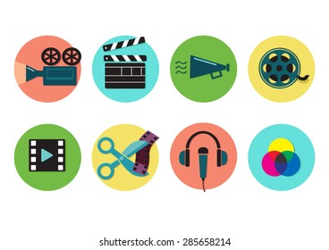 Set of flat icons on video production and post production,  movie shooting, visual effects. Vector illustration