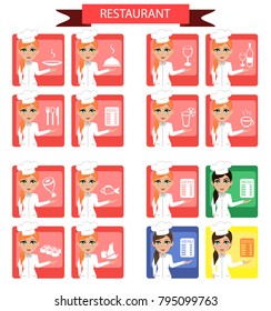 Set of flat icons with a picture of a waiter and symbols of kitchen and restaurant