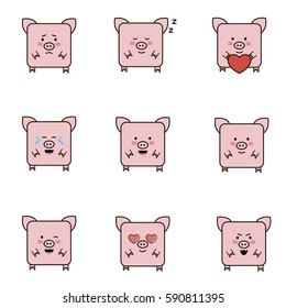 Set of flat icons of a pig with different emotions. 
