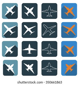 Set of flat icons of the plane of different color and drawn with the line