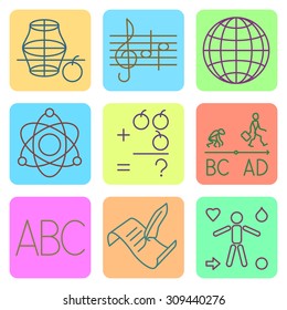 set of flat icons for primary school subjects in color