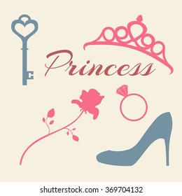 Set of flat icons princess. Rose, diadem, key, ring and shoe.