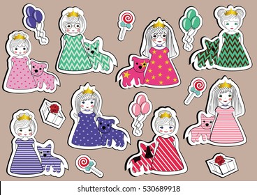 Set of flat icons princesses girls in colorful dresses with dogs sketch. Vector illustration.