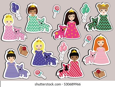 Set of flat icons princesses girls in colorful dresses with dogs. Vector illustration.