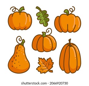 A set of flat icons of pumpkins and autumn leaves