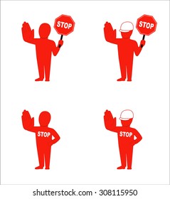 set of flat icons with red stylized cartoon human silhouettes signalizing about stop with a road 
sign or with an inscription on the chest, putting out the hand
