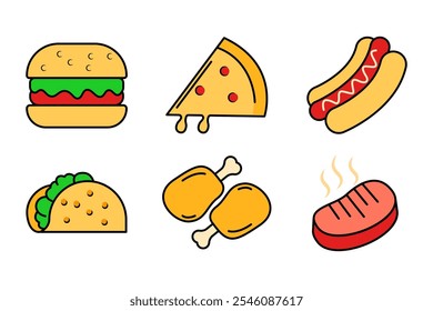 Set of flat icons related to fast food. Fast food and junk food icon collection