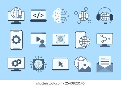 Set of flat icons related to internet service. coding Linear icon collection