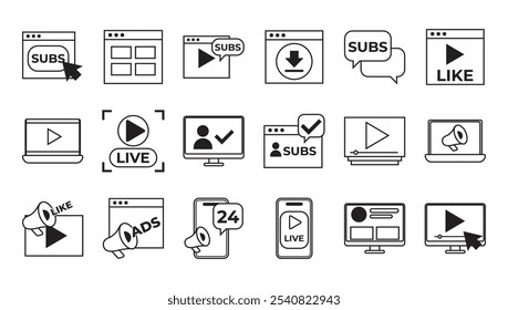 Video Video Conjunto de iconos planos relacionados con la transmisión en línea. colección de iconos lineales