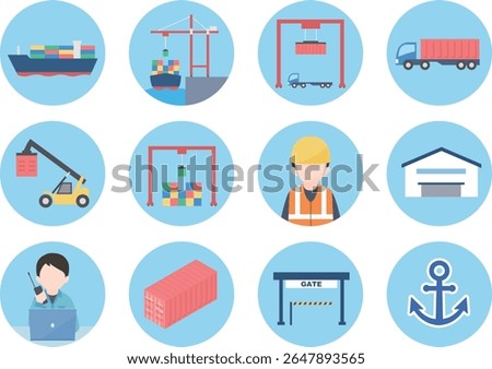 Set of flat icons related to work in a container terminal